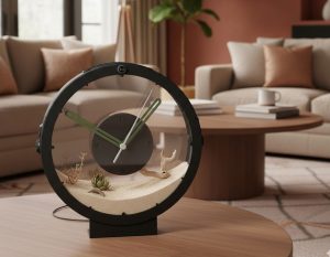 Bantamarium C2 HORO Clock terrarium kit being used as a desert themed terrarium in a Livingroom