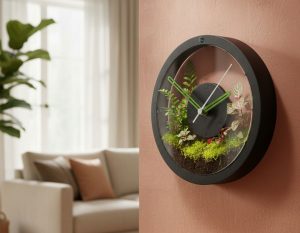 Bantamarium C2 HORO Clock terrarium kit being used as a wall-mounted terrarium
