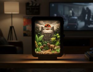 Bantamarium R2 FLIP modeled to look like a Jurassic park themed terrarium
